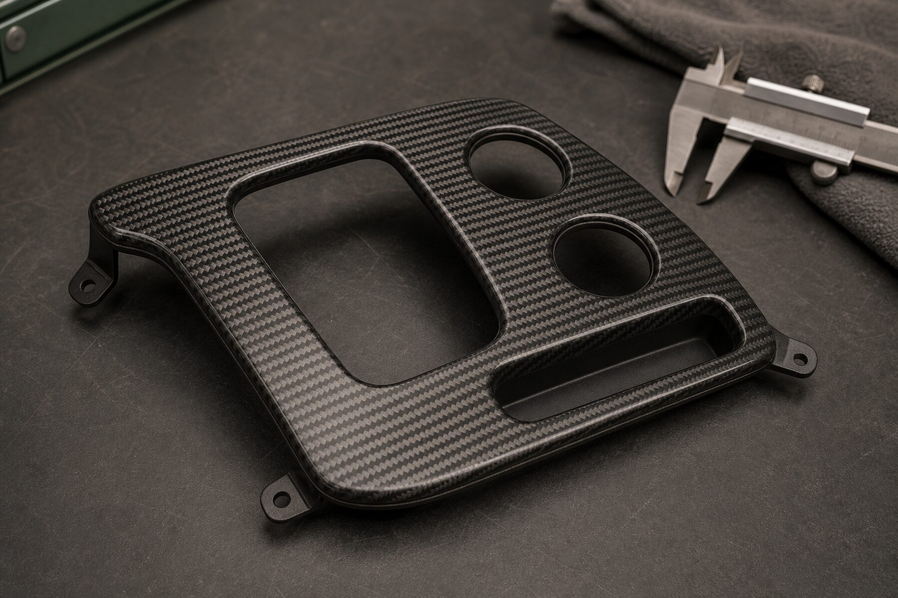 Consola automotriz personalizada de fibra de carbono con acabado satinado y sin marcas visibles.