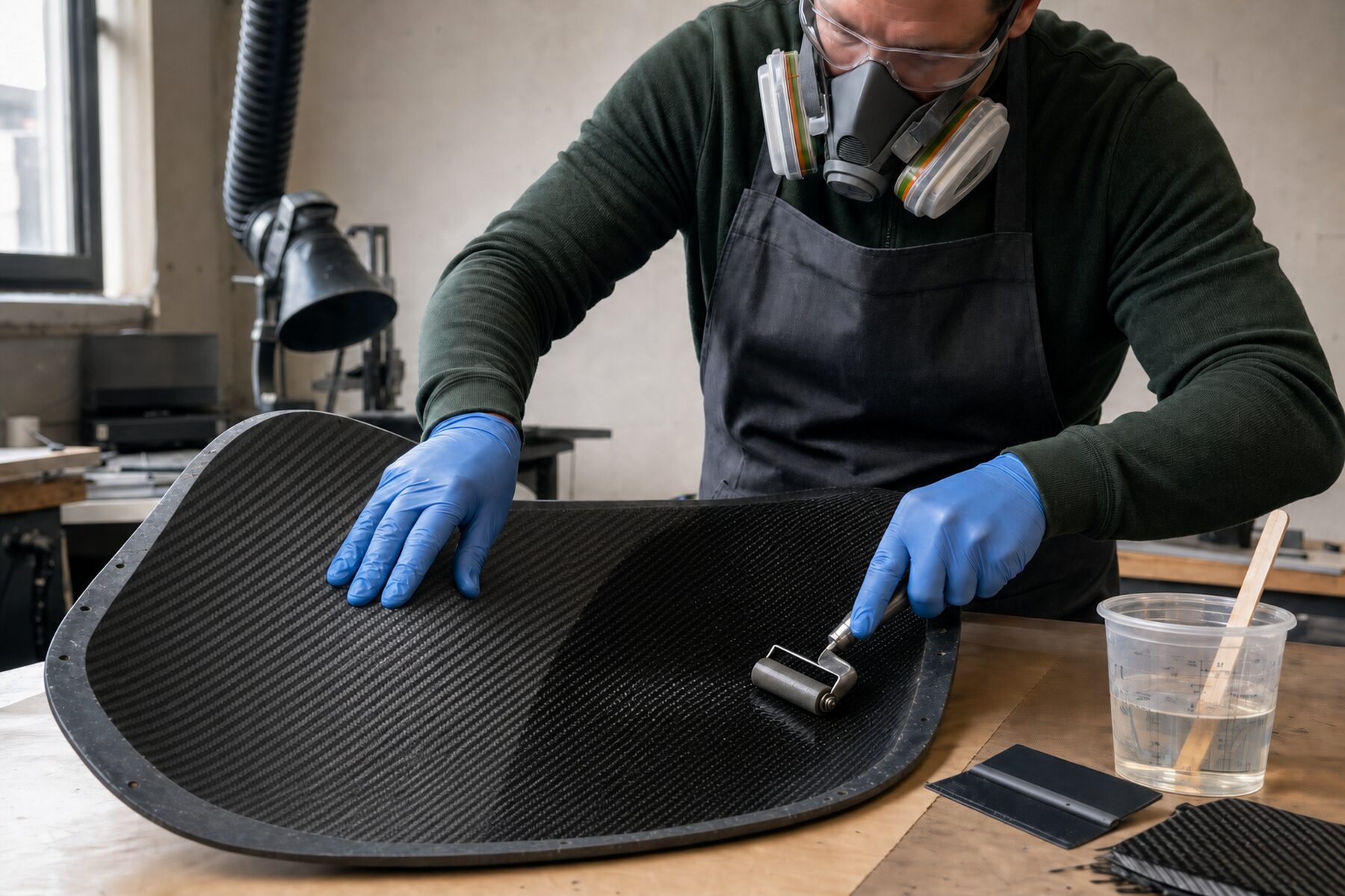 Técnico con guantes lamina fibra de carbono sobre un molde usando resina y un rodillo de consolidación.