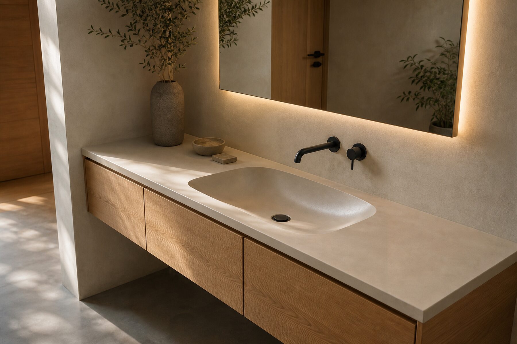 Mueble de baño con mesón y lavamanos integrado de resina epoxi mineral, espejo y luz cálida.