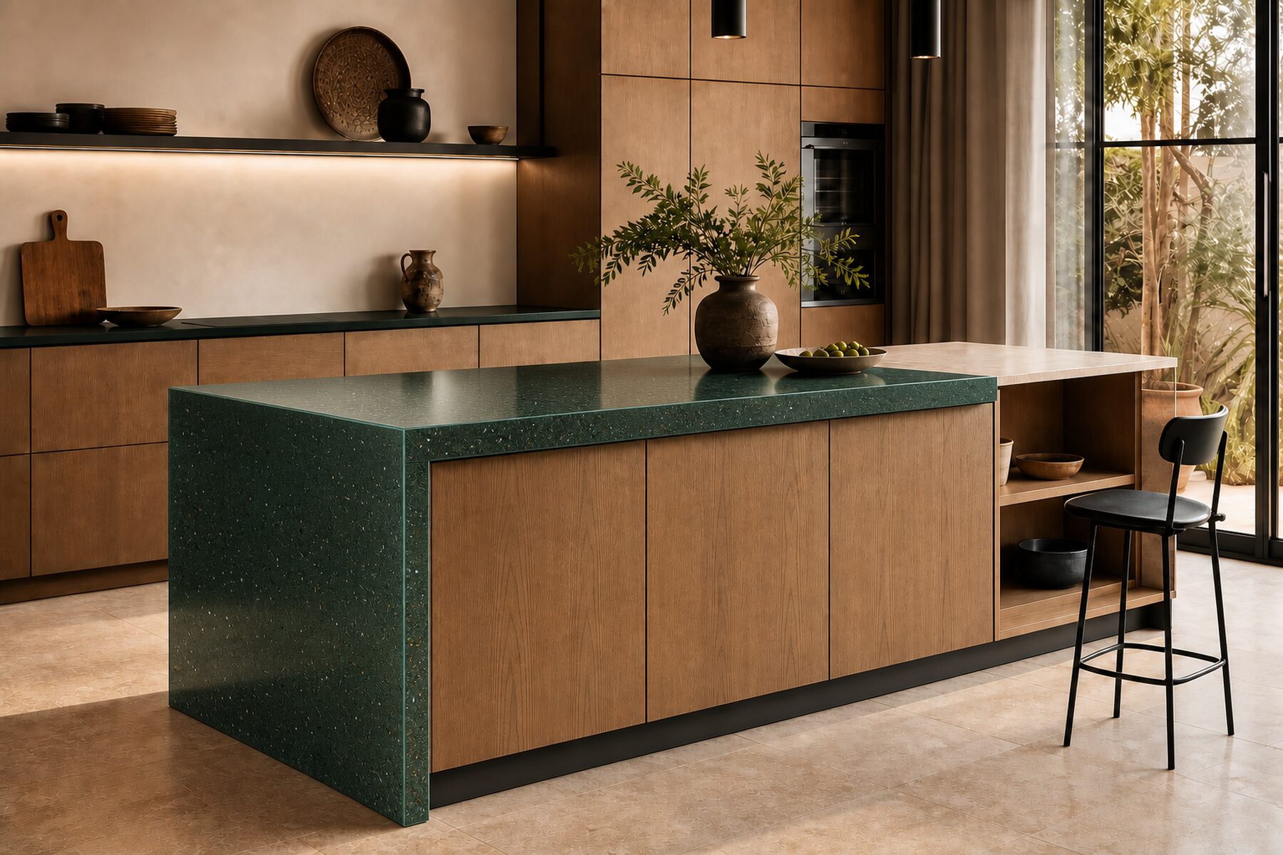 Isla de cocina con acabado epoxi verde mineral, mobiliario de madera clara y detalles de acero negro.