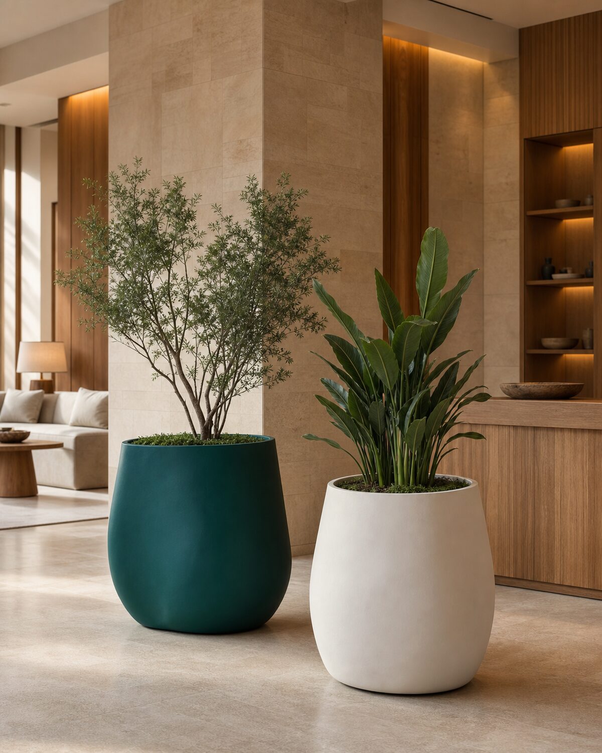 Macetas escultóricas de fibra de vidrio con acabado mate en el lobby de un hotel contemporáneo.