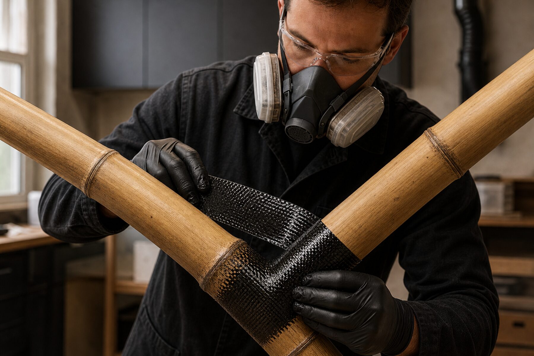 Artesano envuelve dos postes de bambú con fibra de carbono y resina epoxi sin piezas metálicas.