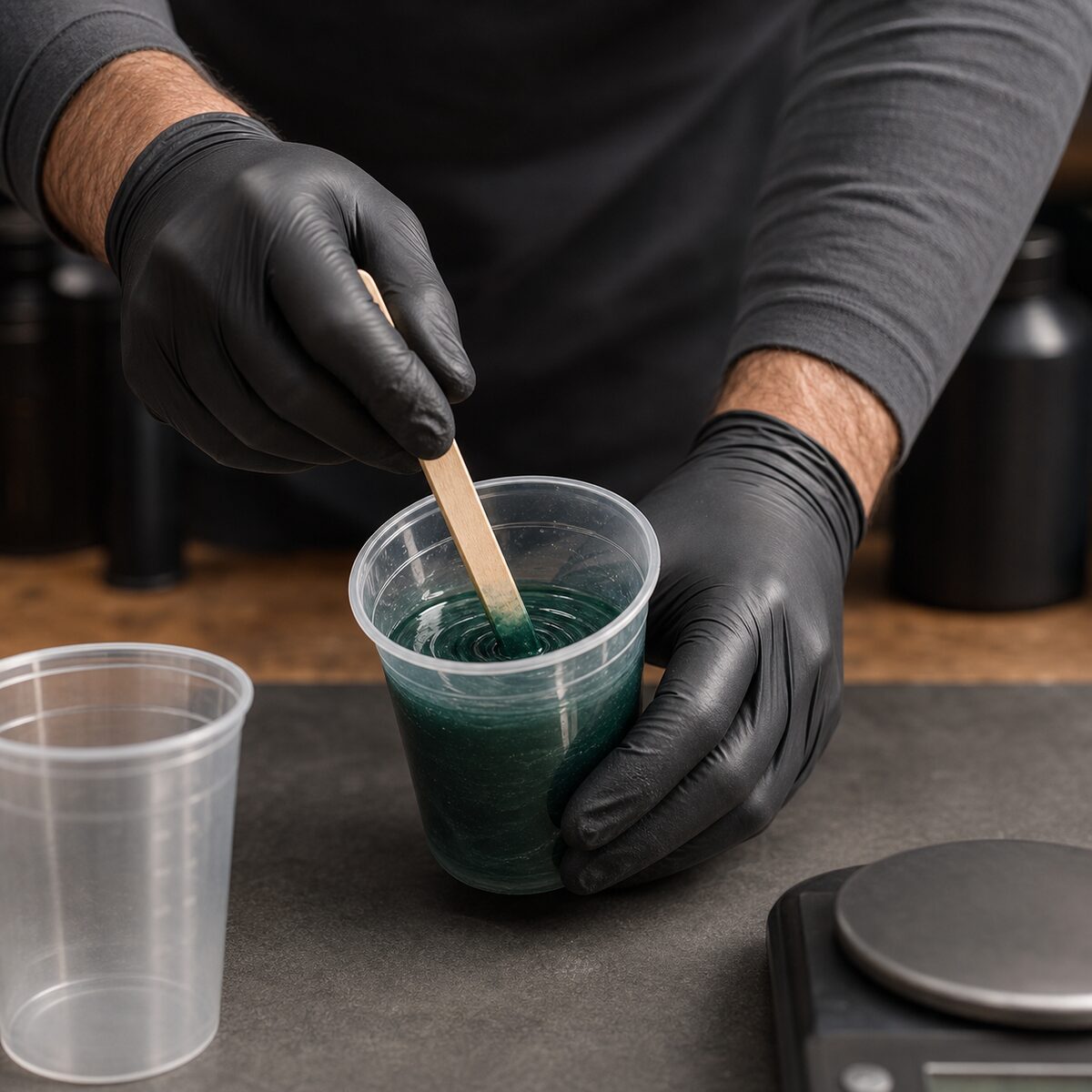 Manos con guantes de nitrilo mezclan resina epoxi y pigmento verde en un recipiente de taller.