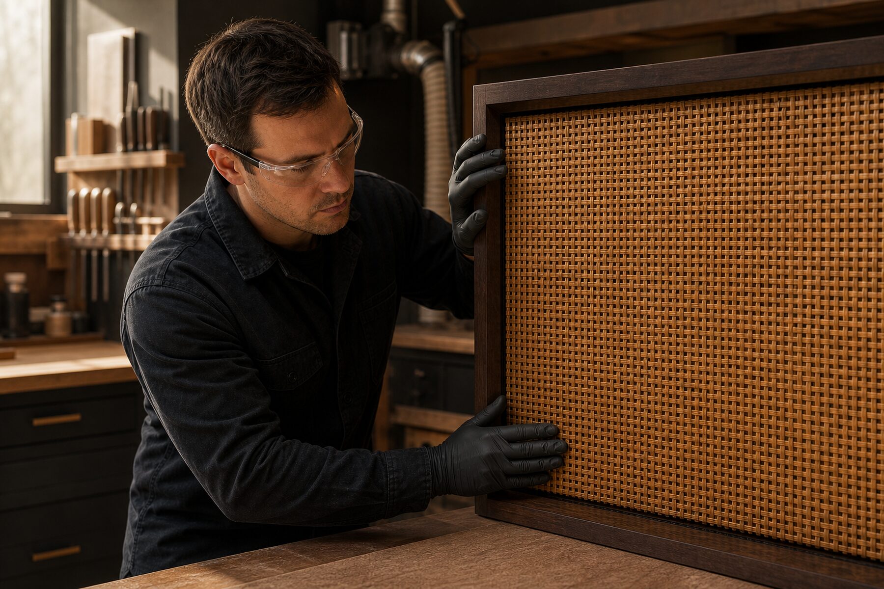 Artesano inspecciona y ajusta un panel de fibra natural con trama uniforme dentro de un marco de madera oscura.