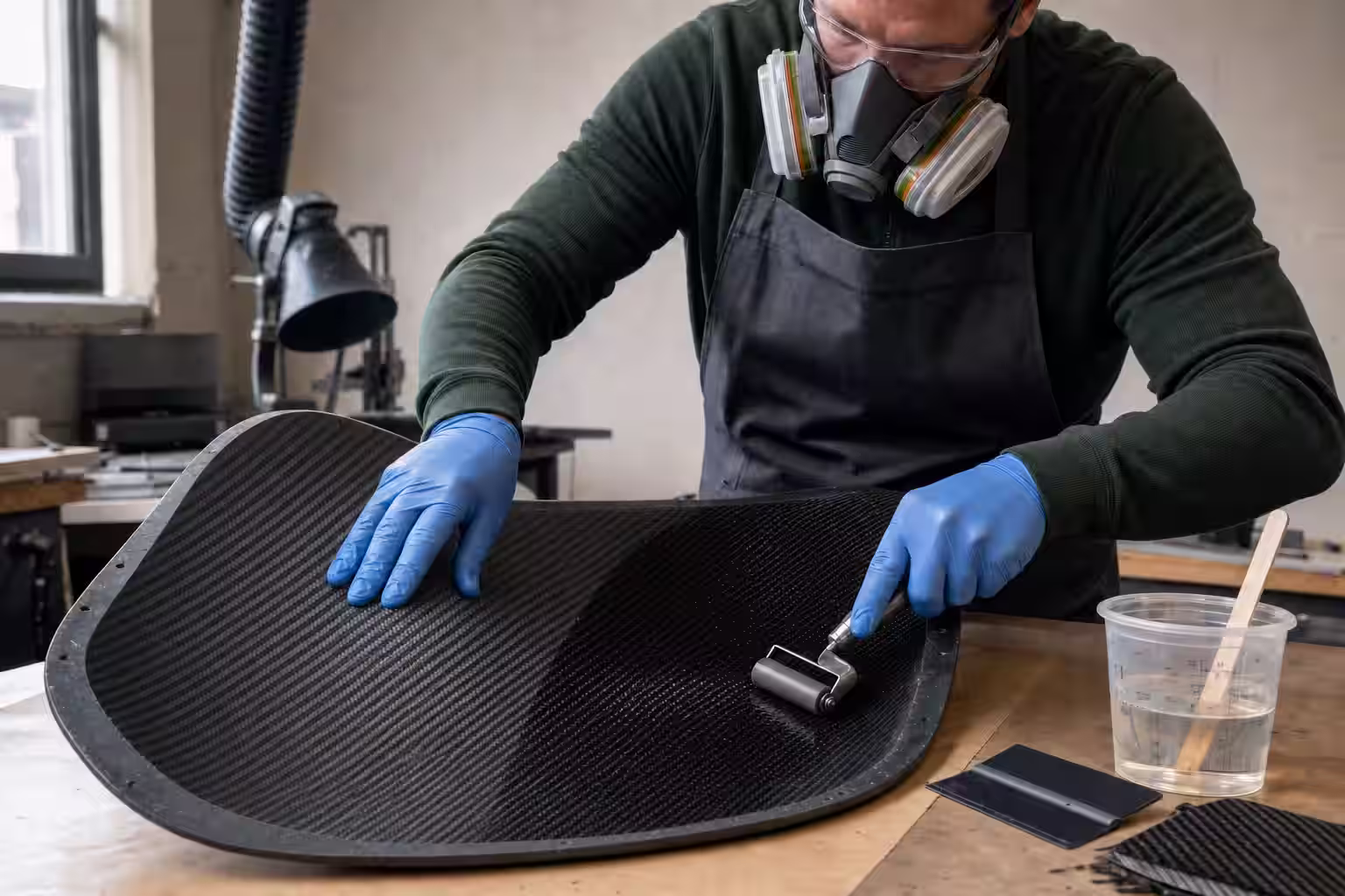 Técnico con guantes lamina fibra de carbono sobre un molde usando resina y un rodillo de consolidación.