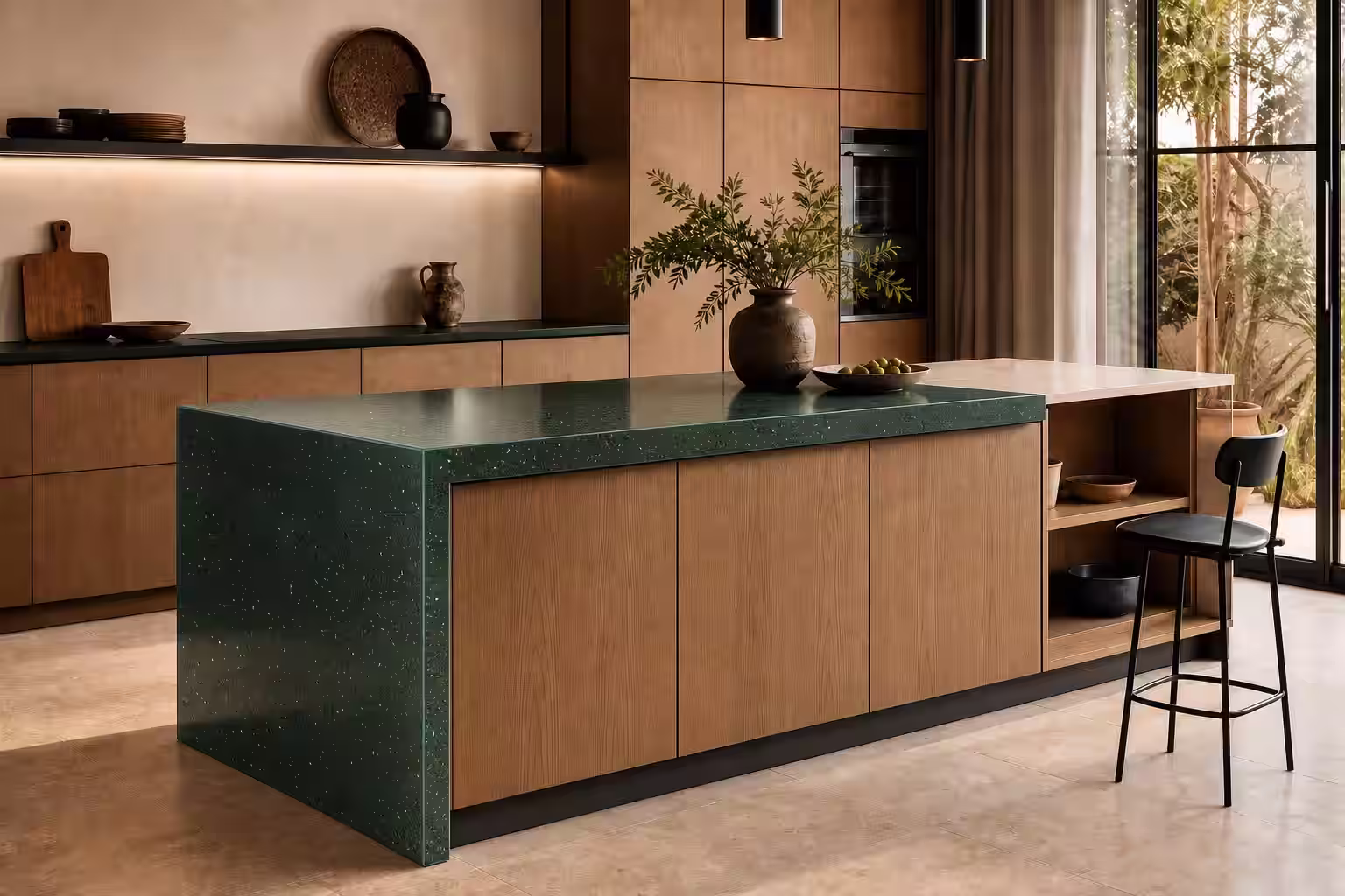 Isla de cocina con acabado epoxi verde mineral, mobiliario de madera clara y detalles de acero negro.