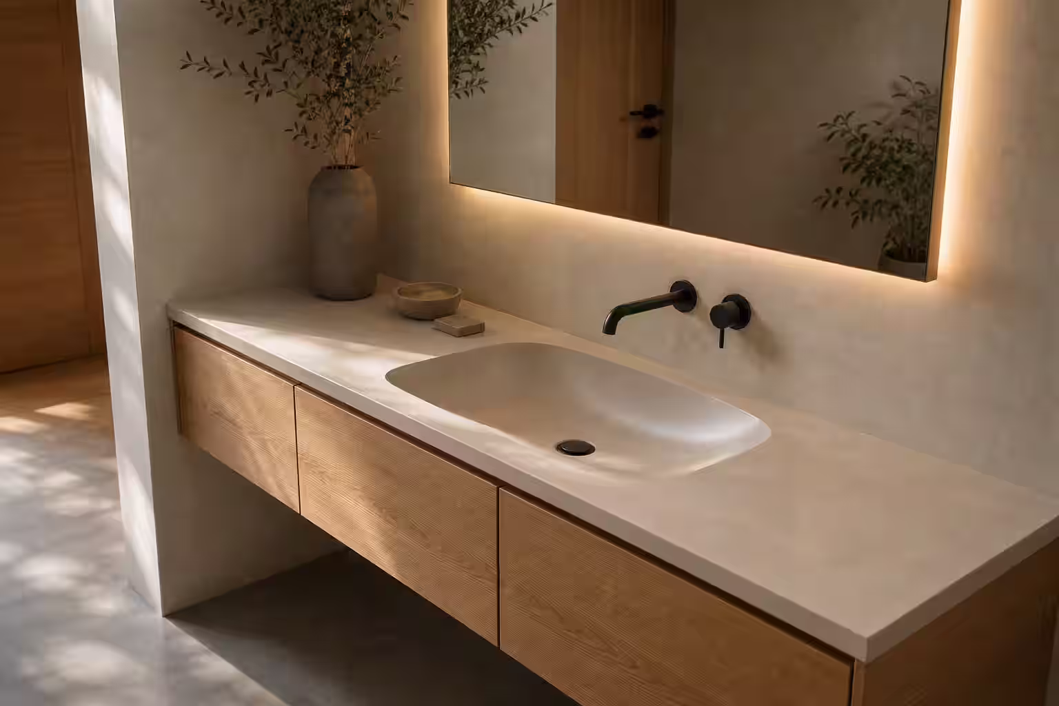 Mueble de baño con mesón y lavamanos integrado de resina epoxi mineral, espejo y luz cálida.