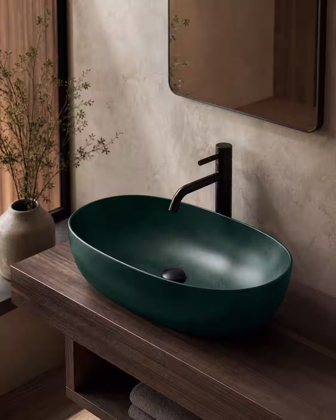 Lavamanos escultórico de resina epoxi verde oscuro con desagüe real y acabado satinado.
