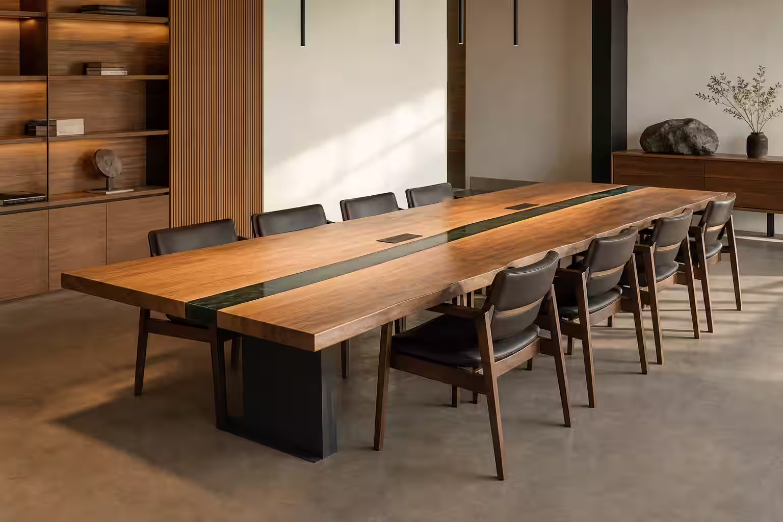 Mesa de reuniones para diez personas en madera y resina con cableado integrado en una oficina de arquitectura.