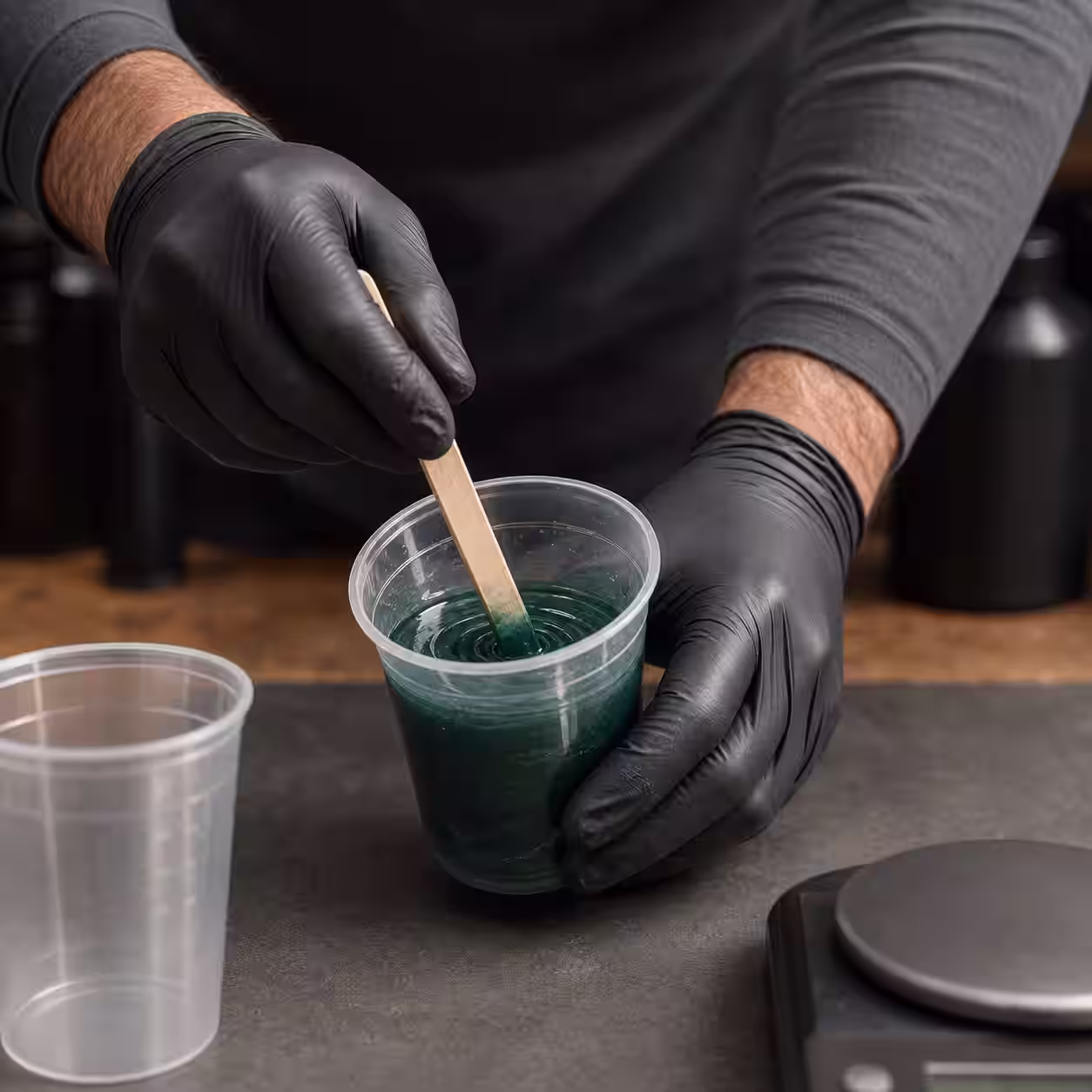 Manos con guantes de nitrilo mezclan resina epoxi y pigmento verde en un recipiente de taller.