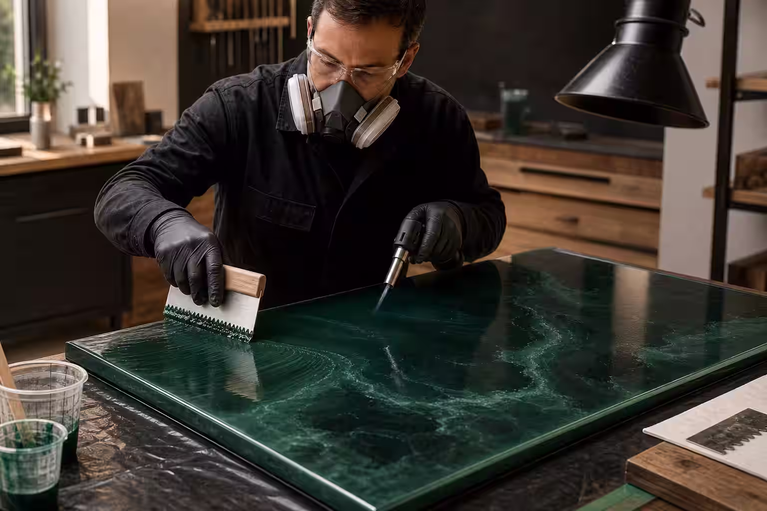 Artesano nivela una superficie de resina epoxi verde mineral con herramientas de aplicación precisas.