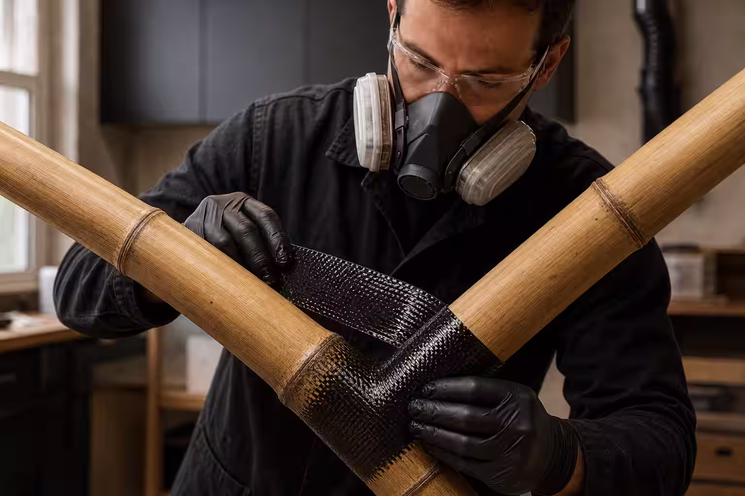 Artesano envuelve dos postes de bambú con fibra de carbono y resina epoxi sin piezas metálicas.