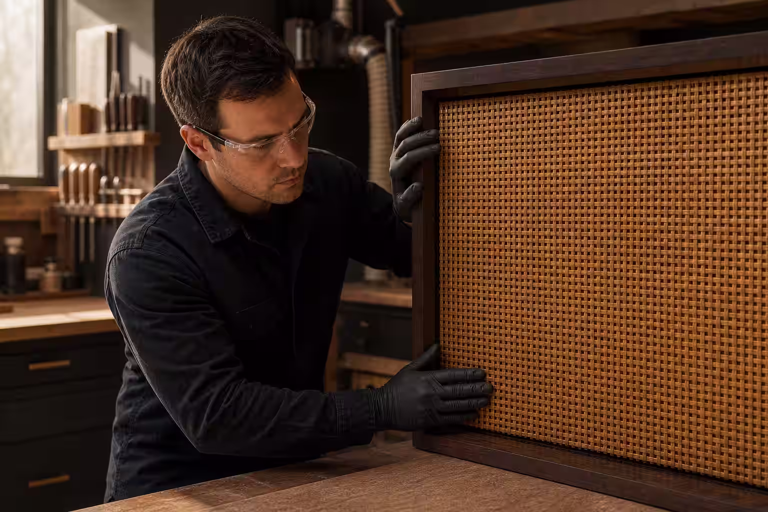 Artesano inspecciona y ajusta un panel de fibra natural con trama uniforme dentro de un marco de madera oscura.