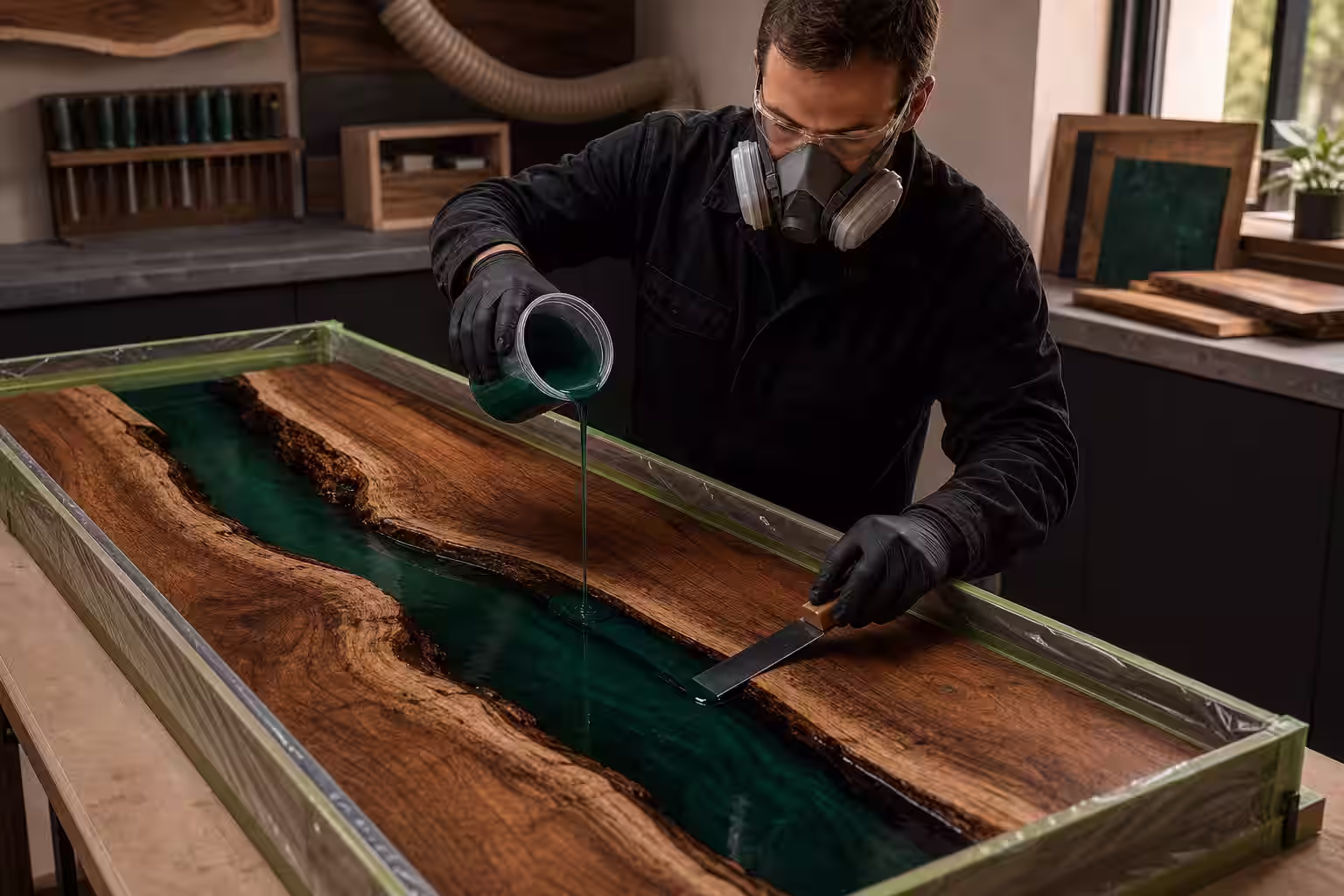 Artesano vierte resina verde de forma controlada entre dos tablones de madera dentro de un molde sellado.